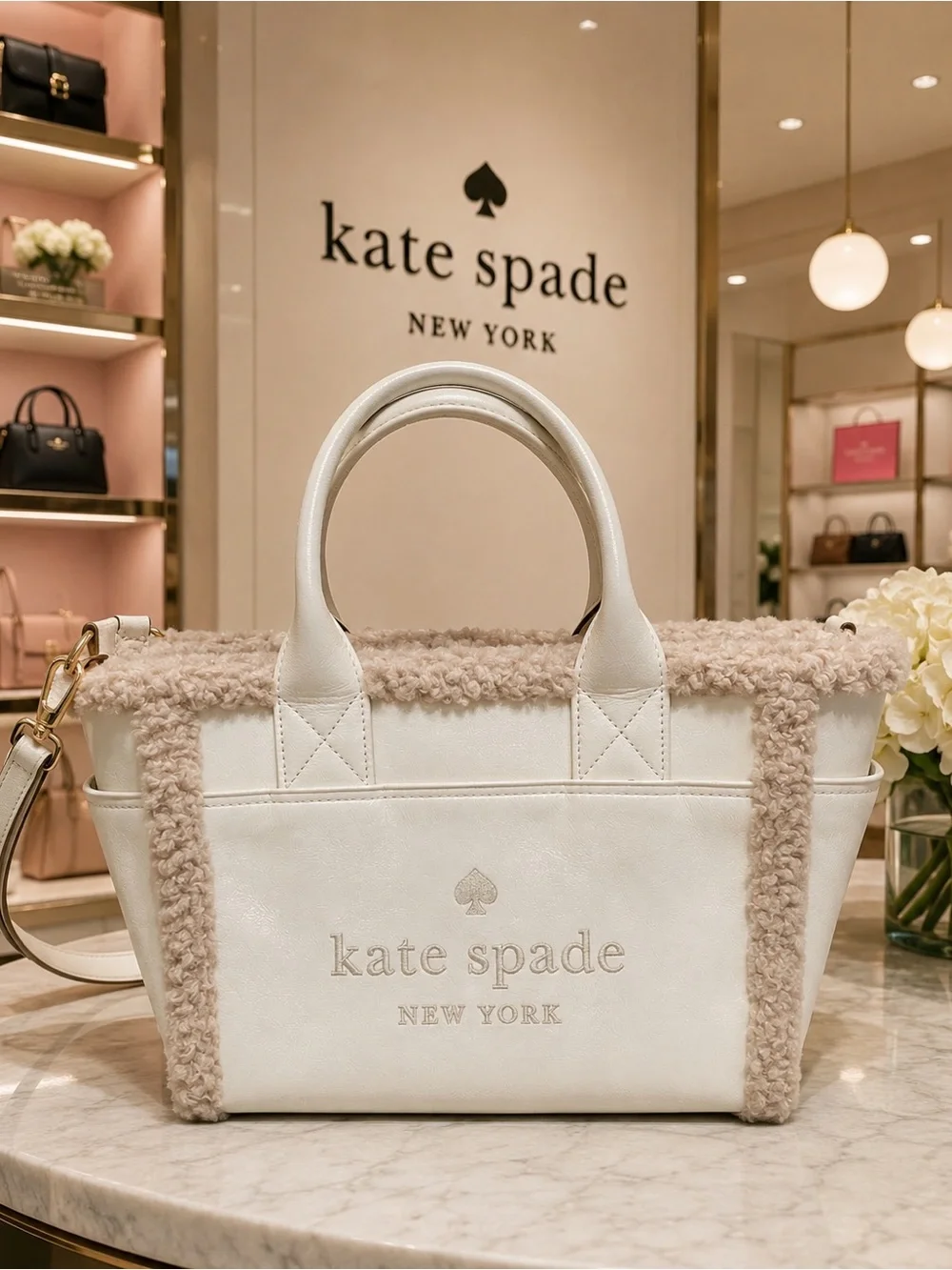 Kate Spade Jett Faux Shearling Small Tote Meringue Crossbody KE516